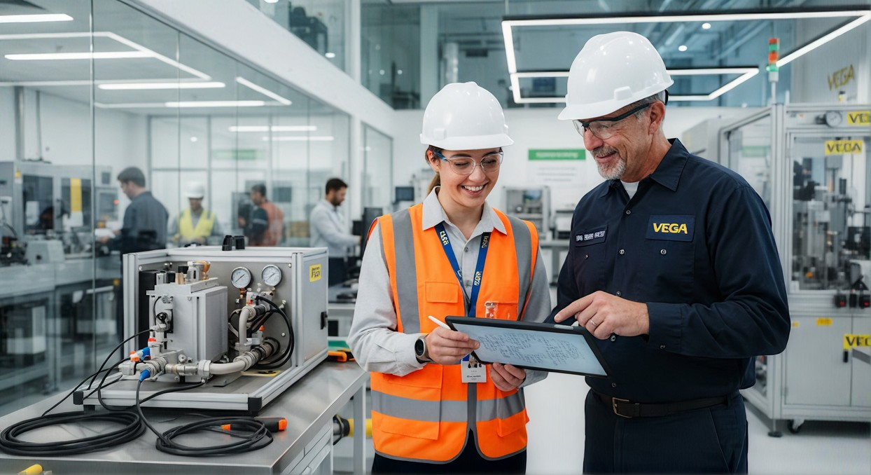 Employer and employee reviewing tablet in industrial setting