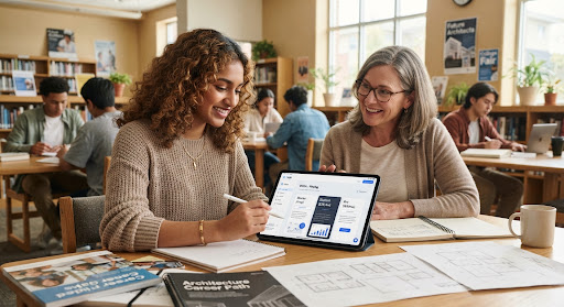 Two people reviewing a laptop together