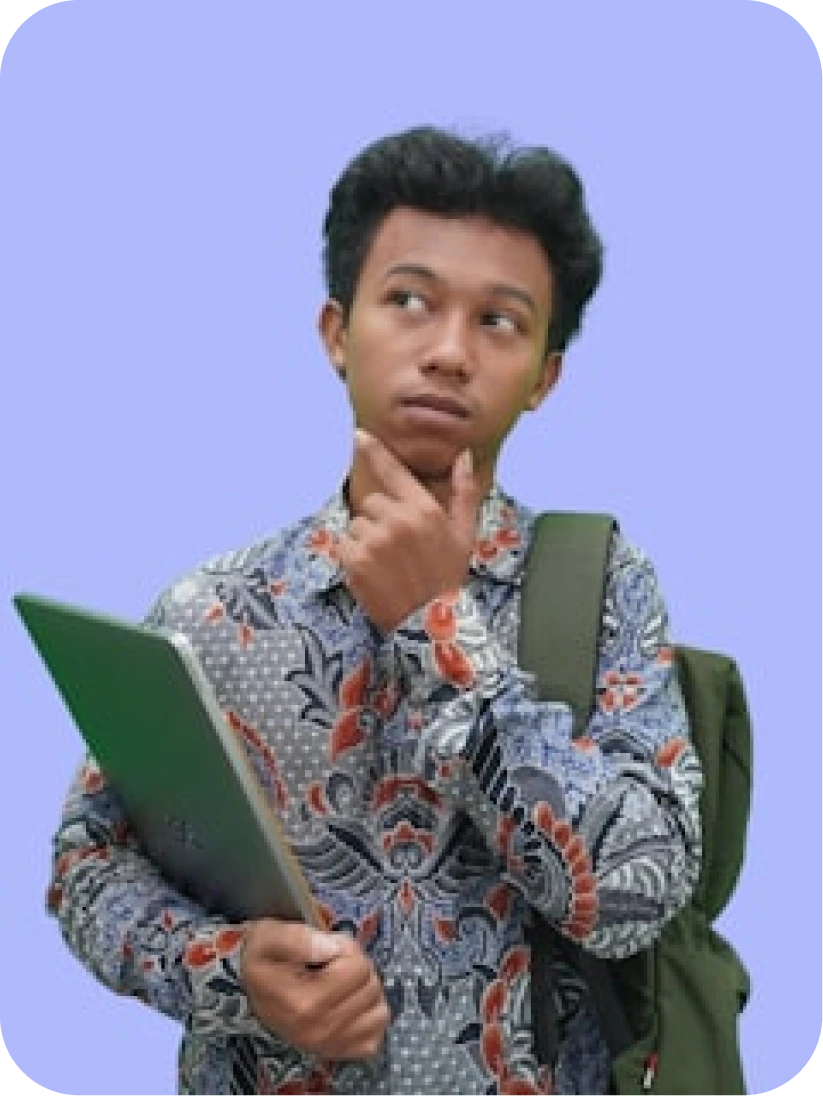 Young man with backpack in thoughtful pose