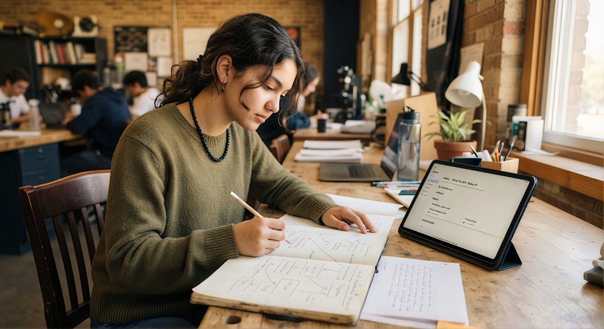 Student writing at a desk